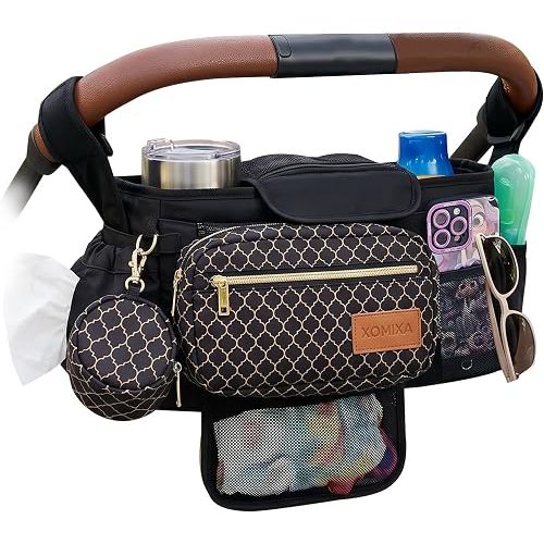 Stroller Organizer with Cup Holders – 9-in-1 Universal Baby Stroller Caddy with Multiple Pockets, Detachable Pouch & Pacifier Bag, Hooks & Adjustable Reflective Straps, Fits Most Strollers.