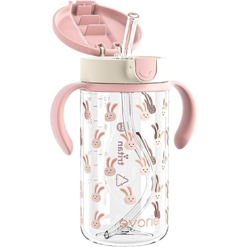 Evorie Tritan Spill Proof Toddler Straw Sippy Cup, 10 oz for Baby and Toddlers 1-3 Years Old, No Spill Straw Water Bottle with Removable Handles, Ideal for School, BPA-Free, Pink Rabbit