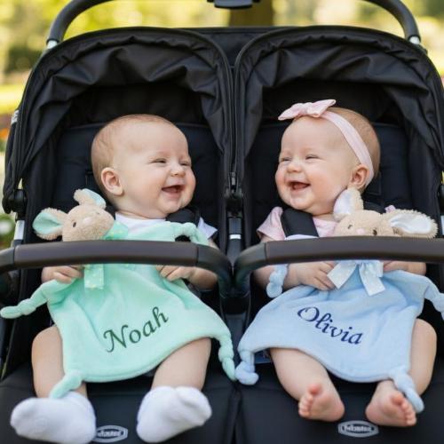 Personalized Twin Baby Loveys: Matching Set of 2 Custom Name Minky Security Blankets, Soft Neutral Animal Snugglers for Newborn Twins Set