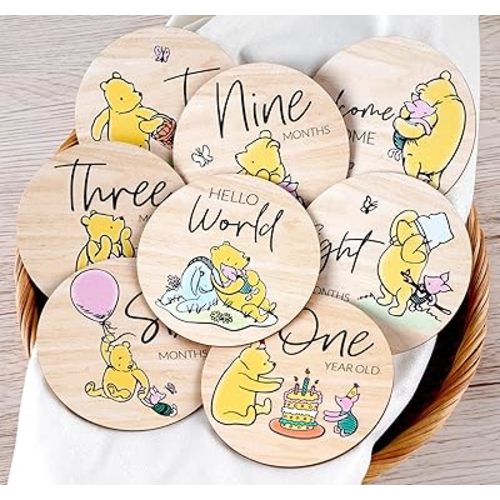 Winnie Baby Milestone Cards, Wooden Cirles Discs for Baby Photo Prop with Announcement & Hello World Sign - 8Pcs Double Sided Markers for Baby Shower Nursery Gift