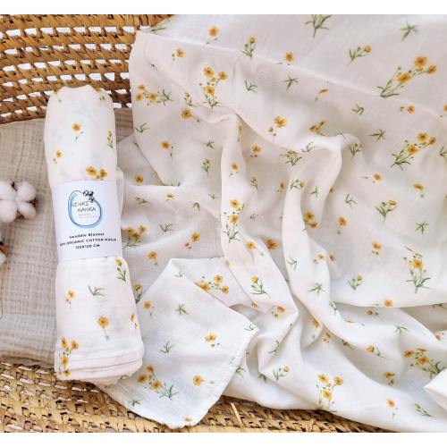 Buttercup floral muslin swaddle, Baby girl large muslin swaddle blanket, Meadow flower swaddle wrap
