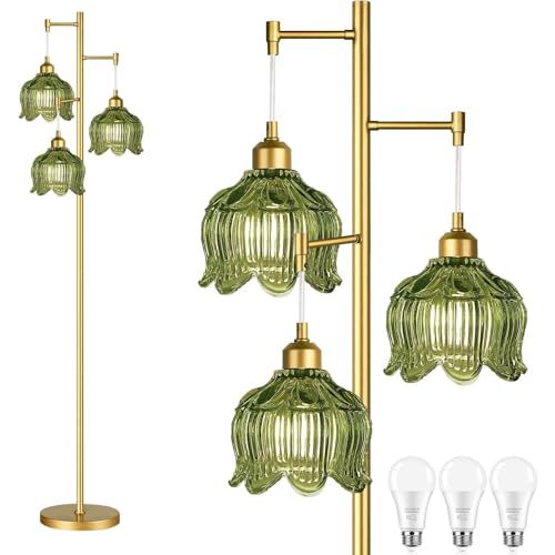 Vintage Floor Lamps for Living Room Bedroom-3 Light Gold Floor Lamp with Glass Lampshape, Flower Green Tall Lamp Mid Century Modern Standing Lamp Tree Floor Lamp for Bedroom Living Room Corner