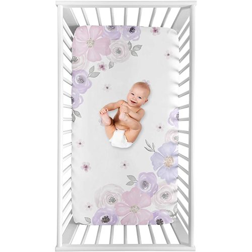 Sweet Jojo Designs Fitted Baby Crib Sheets (Purple/Grey Boho Floral) for Girls, Infant Nursery, Toddler Room - Standard Size (Photo Op, Lavender, Watercolor, Flower, Rose, Farmhouse, Shabby Chic)
