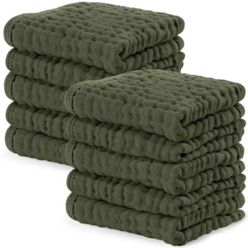 Comfy Cubs Muslin Baby Washcloths 10 Pack - Soft Large 10"x10" 6-Layer Absorbent Cotton - Kelp