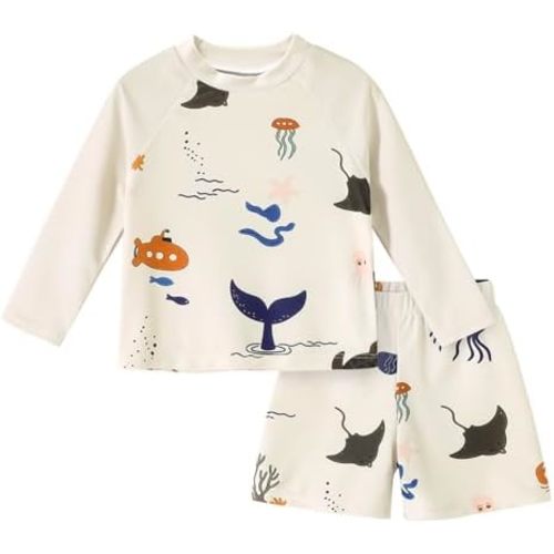 Toddler Baby Boys Long Sleeve Rashguard Swimsuit 2 Piece Set Swim Shirt Trunks Bathing Suit
