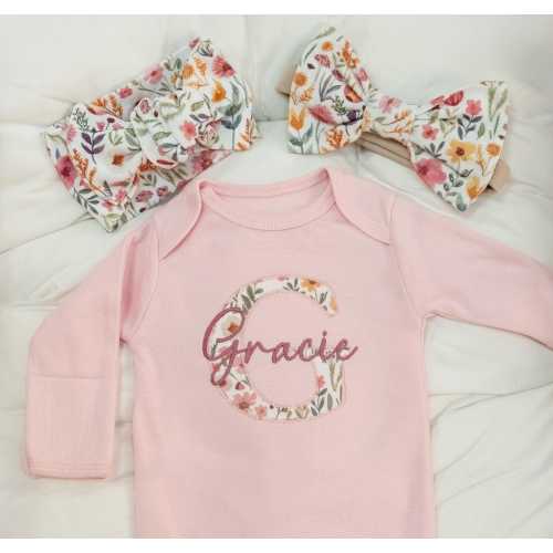 Pink Newborn Baby Girl Coming Home Outfit Baby Shower Gift Floral Embroidered Romper Personalized