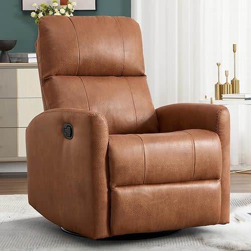 Swivel Rocker Recliner Chair, Manual Faux Leather Glider Rocking Recliners for Adults, 360° Swivel Nursery Reclining Sofa with Padded Backrest for Living Room, Dark Brown