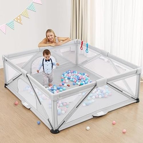 Yobear Foldable Baby Playpen (79"x71") - Portable Play Yard for Babies and Toddlers with 50 Ocean Balls, 2 Pull Handles & Carry Bag - Easy Setup Safe Indoor Outdoor Kids Activity Center (Grey)