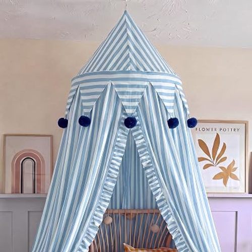 SmoothNovelty Light Blue Cabana Striped Bed Canopy, 2 Panel