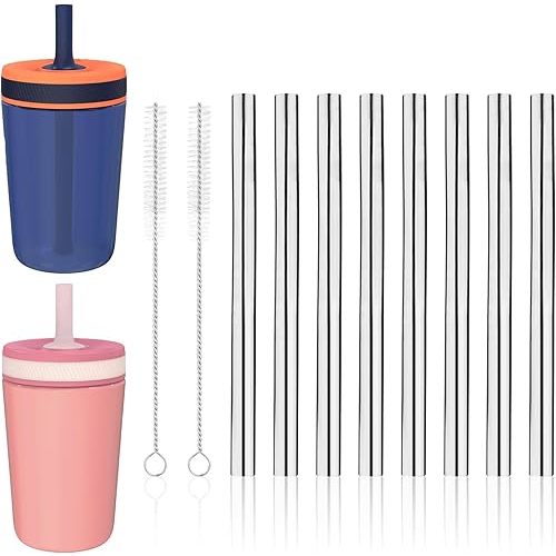 8pcs Metal Straw Replacement for Zak Designs Kelso 15oz Water Bottle with 2 Cleaning Brush, 11.8cm/4.65in Reusable Stainless Steel Straws Compatible with Zak 12oz Stainless Steel Sippy Cup
