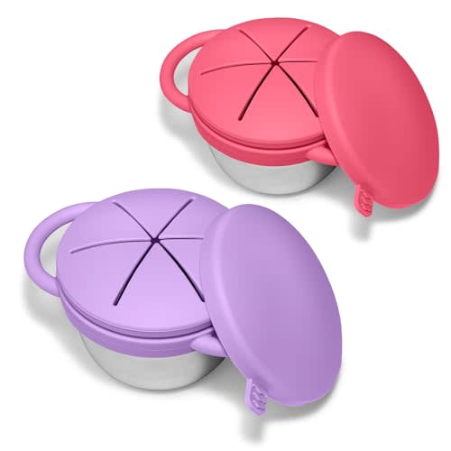 2 Pack Baby Stainless Steel Snack Containers for Kids with Spill Proof Food Grade Silicone Lids & Handles 9 OZ Baby Snack Cups No Spill Toddler Snack Box for Mess-Free Snacking