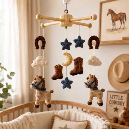 Crochet Cowboy Baby Mobile, Western Nursery Decor with Horses, Boots, Stars & Moon, Handmade Baby Shower Gift