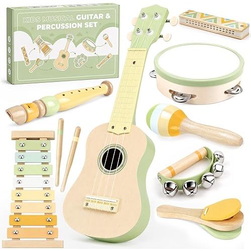 Kids Guitar Set - 8 in 1 Toddler Musical Instruments, Montessori Wooden Baby Ukulele Xylophone Tambourine Maracas Flute, Toy Guitar for Toddler 1-3, Mini Guitar Set Toddler Gifts for 2 Year Old
