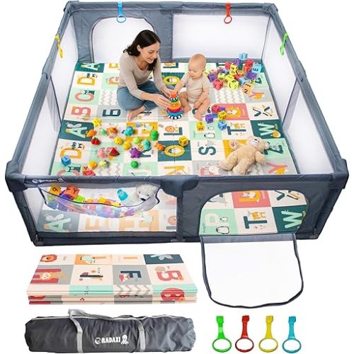 Baby Playpen with Mat 71x59 Inch Large Playpen for Babies and Toddlers Playard with Zipper Gate Safety Fence Play Pen with Soft Breathable Mesh Indoor & Outdoor Kids Activity with Playmat Dark Gray