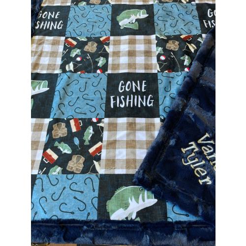 Fishing blanket, personalized, baby boy, blue plaid, bass lake, designer minky, gone fishing, toddler, fish country rustic, new baby gift