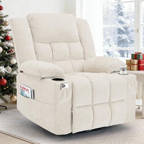 Korser 360° Swivel Rocker Recliner for Adults, Nursery Glider Recliner with Massage and Heating, Rocking Chair with Cup Holder, Manual Recliner Chair for Living Room, Bedroom (Fabric, Beige)