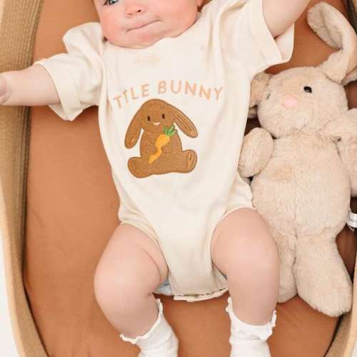 Little Bunny Patch Easter Short Sleeve Romper, Natural - Sweet Wink | Maisonette