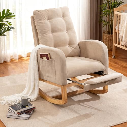 Nursery Rocking Chair with Foot Rest, Upholstered Glider Rocker Chair Comfy Wide Padded Seat Accent Chair with High Backrest and Armchair with Side Pocket for Living Room Bedroom Offices, Beige-1