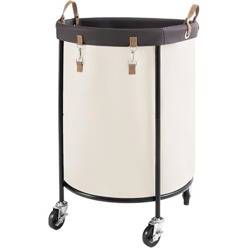 StorageWorks 170L Rolling Laundry Basket, Clothes Hamper with Wheels, Round Clothing Cart with Steel Frame and Removable Bag, 4 Casters and 2 Brakes, Beige, 1-Pack