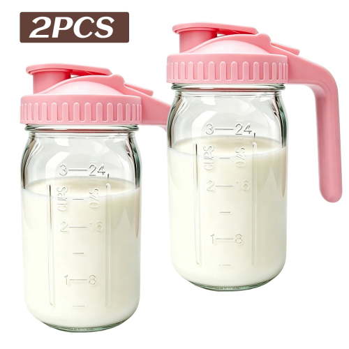 WLGJL 2pack of 32oz Glass Pitcher with Lid - 1 Quart Breastmilk Pitcher Double Leak Proof, Creamer Container for Sun Tea, Juice, Cold Brew Coffee, Breastmilk Storage Container （Pink）