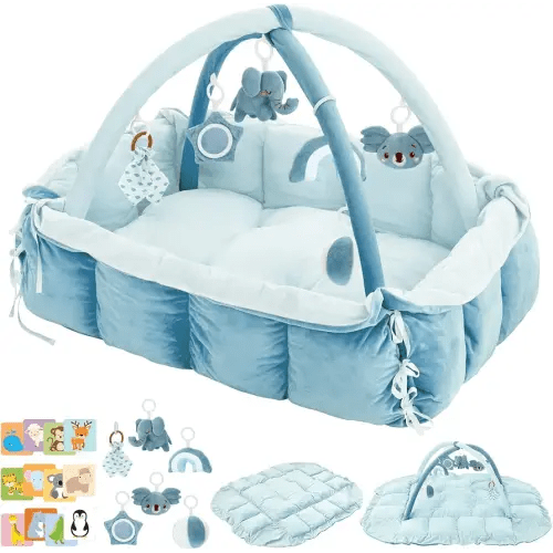 5-in-1 Baby Play Gym and Tummy Time Mat, 12 Learning Cards, Plush Activity Mat with 6 Toys, Baby Gym, Convertible to Ball Pit, Baby Gift, Blue