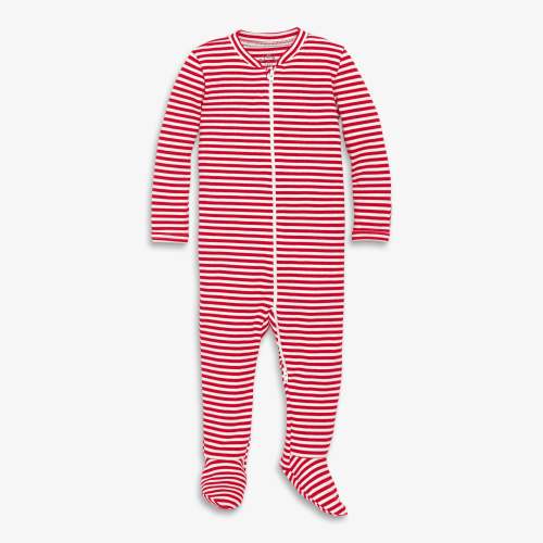 3-6 months Organic zip footie - Cherry / ivory mini stripe