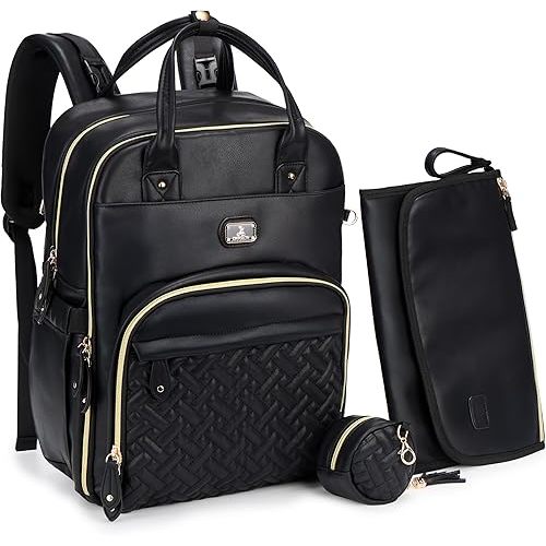 Dikaslon Leather Diaper Bag Backpack with Portable Changing Pad, Pacifier Case and Stroller Straps, Large Unisex Baby Bags for Boys Girls, Multipurpose Travel Back Pack for Moms Dads, Black