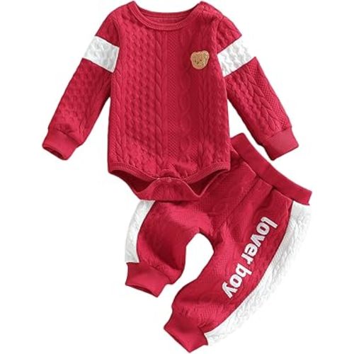 SAYOO Infant Baby Boy Clothes 3 6 12 18 Months Fall Winter Outfit Bear Romper Mama's Boy Embroidery Pants 2Pcs Tracksuit