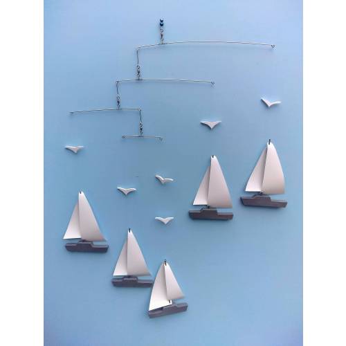 Sailboat Mobile,Y51-3ct or 5ct, Mobiles, Sailboat, Baby Mobile, Seagulls, Gray, Blue, Brown, Nautical, Coastal, Ocean, Boat, Yacht, Beach