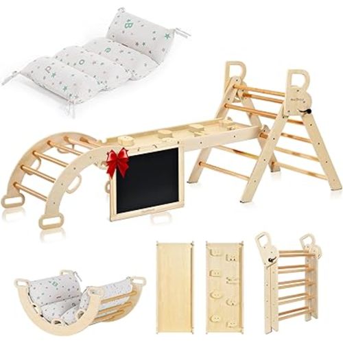 BlueWood Pikler Triangle Set with Cushion, 8-in-1 Foldable Wooden Toddler Climbing Toys Indoor Playground Jungle Gym Montessori Philosophy Climber for 2-6 Years Old, Baby, Kids (Natural Wood)