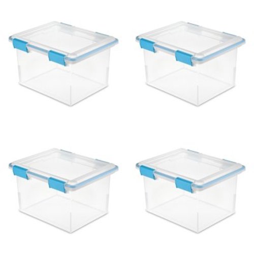 Sterilite 32 Quart Gasket Box, Weather-Resistant Clear Storage Bin with Lid, Blue, 4 Count