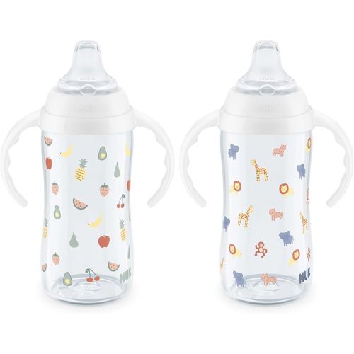 NUK Learner Cup, 8+ Months, Fun Fruits and Animals, Amazon Exclusive Collection, 10 Oz, Pack of 2, BPA-Free, Soft Spout, Spill Proof Sippy Cup
