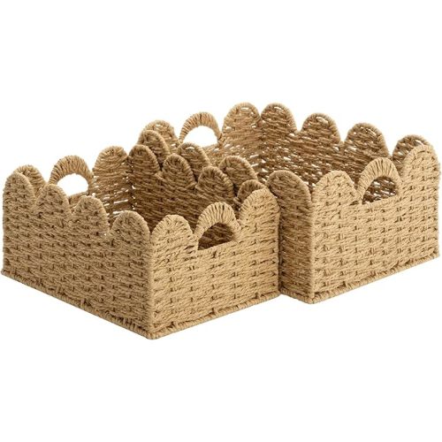 StorageWorks Scalloped Wicker Basket, Woven Baskets for Storage, Large Baskets with Handles, Paper Rope Basket for Organizing and Decor, 2 Pack