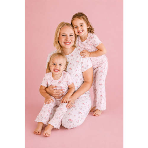 Women's Two-Piece Pointelle Flare Lounge Set in Rose Garden White | Caden Lane