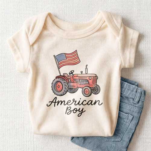 American Boy Baby Onesie - Cute Patriotic Tractor Bodysuit for Baby Boys