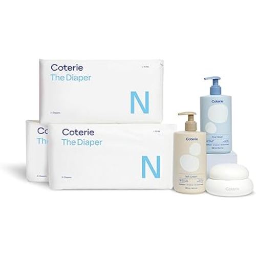 Coterie Diapers + Skin Essentials Kit | Newborn Diapers (93 Count) + 16.2 oz Shampoo & Body Wash, 16.2 oz. Face & Body Lotion, 4.7 oz Diaper & Dry Skin Balm | Hypoallergenic, Safe for Sensitive Skin