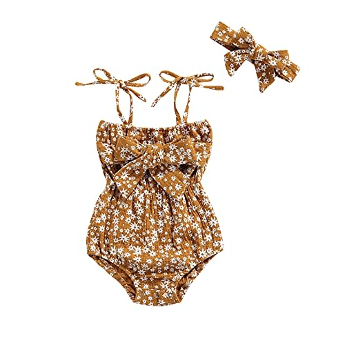 Newborn Baby Girls Romper Jumpsuit Infant Girl Summer Bodysuits Ribbed Short Sleeve One-Piece Headband (Yellow-Daisy, 6-12 Months)