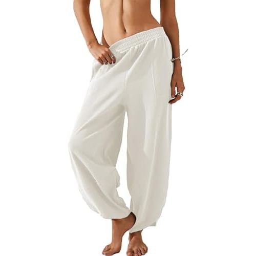Springrain Womens Baggy Wide Leg Pants Cotton Elastic Waisted Loose Palazzo Harem Pants with Pockets