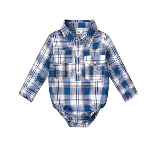 COSLAND Baby Boys' Western Cotton Plaid Bodysuit, Infant Cowboy Jumpsuit, 0-18 Months