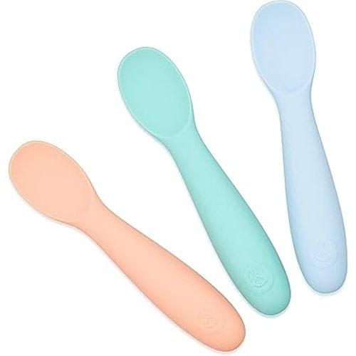 WeeSprout Baby Spoons for Self Feeding 6 Months +, Soft & Durable Silicone Utensils for Sensitive Gums & Teeth, Easy Grip Handles & Shorter Length for Little Hands, 3 Pack + Carrying Case