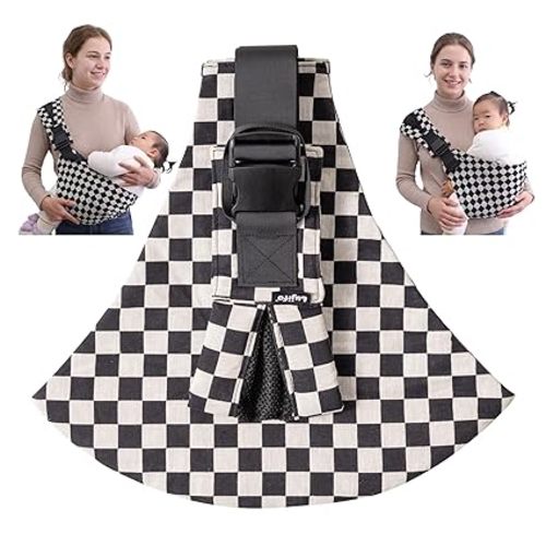 Baby Sling Carrier, Premium Cotton Blend Baby Carrier for Toddlers, Adjustable & Breathable Toddler Carrier with Ventilated Straps, Lightweight & Travel-Friendly Design (Ebony Check)