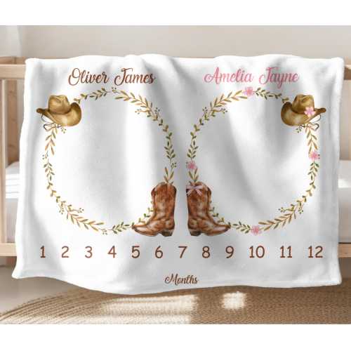 Personalized Twins Western Baby Milestone Blanket, Boy Girl Monthly Growth Tracker, Custom Name Blanket, Photo Prop, Twin Baby Shower Gift