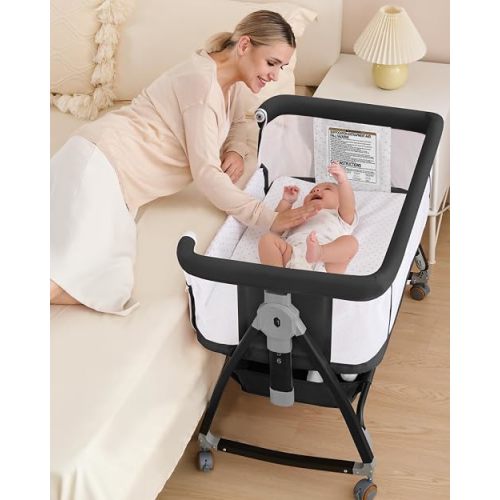 3 in 1 Baby Bassinet, Bedside Crib with Breathable Mesh, Bassinet Bedside Sleeper with Wheels, Mosquito Net, Storage Basket, 6 Height Adjustable, Easy to Assemble