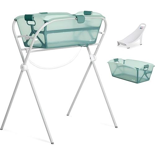 Evolur Supple Baby Spa Set with Infant Bathtub, Hammock Support Seat & Metal Frame, Newborn Tub for 0–12 Months, Complete Baby Care Essentials Gift Set for New Parents, Green