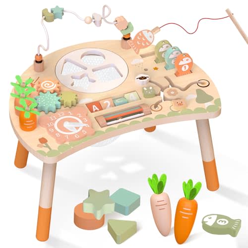 Weilim Activity Table for 1+ Year Old, 9-in-1 Wooden Montessori Toy Activity Center with Shape Sorter Fishing Game Bead Maze, Baby Play Table Sensory Educational Toys for Toddler