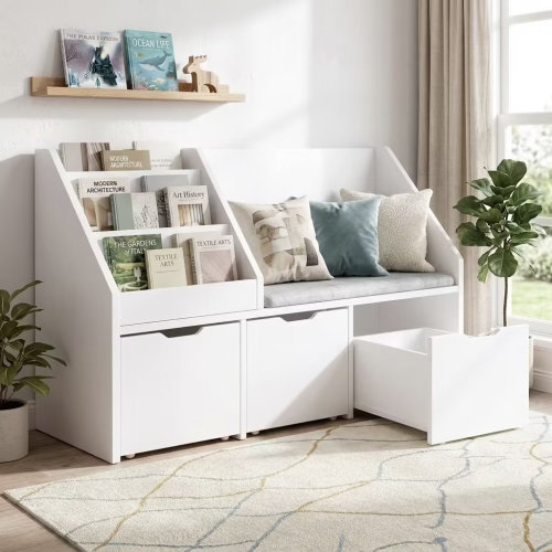 Isabelle & Max™ Bookcase With Upholstered Seat & 3 Drawers & 3 Tier Storage Rack & Reviews | Wayfair