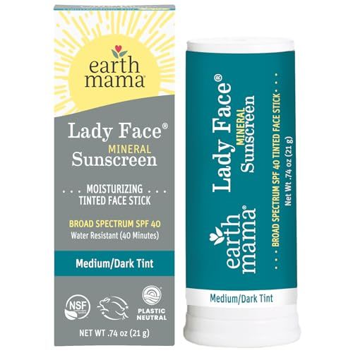 Earth Mama Lady Face® Tinted Mineral Sunscreen Stick, SPF 40 Medium/Dark Tint | Contains Organic Shea & Cocoa Butter | Foundation + Concealer + Contour, Blends with Most Skin Tones
