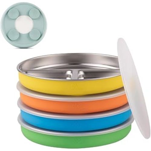 Amazon.com: Elk and Friends Stainless Steel Divided Plates with Silicone Sleeve for Babies & Toddlers | Lids Included | Stay Put Suction | Dinner & Snack Plates | 4 Pack : Baby