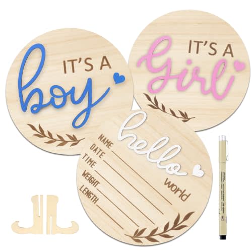 Baby Announcement Sign, Its a Boy/Girl and Hello World Newborn Sign | 3PCS 5.9 Inch Gender Reveal for Welcome Baby Board Wooden Birth Name Plaque and Pen for Hospital Shower Party Photo Props