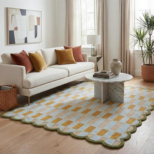 Hand-Tufted Scalloped Wool Area Rug, Modern Plaid Checkered Pattern, Soft & Durable Cozy Accent Rug for Living Room, Bedroom & Nursery, Handmade Decorative Floor Carpet (Light Blue, 4' x 6')